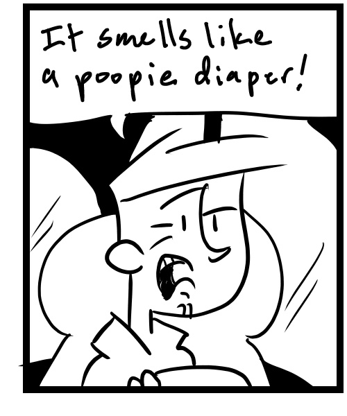 A four-panel comic about a person delivering food that smells like a diaper - Panel 3