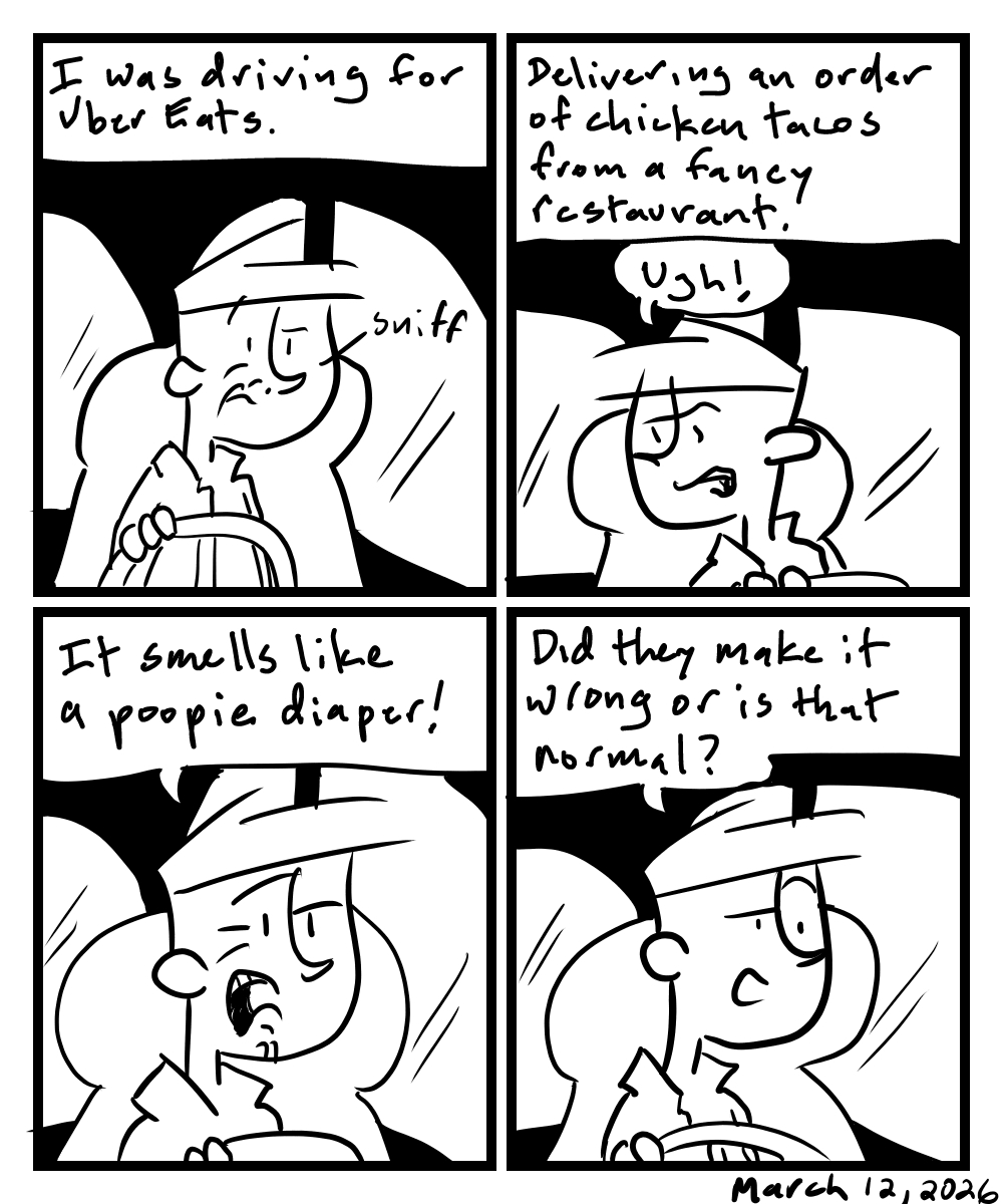 A four-panel comic about a person delivering food that smells like a diaper