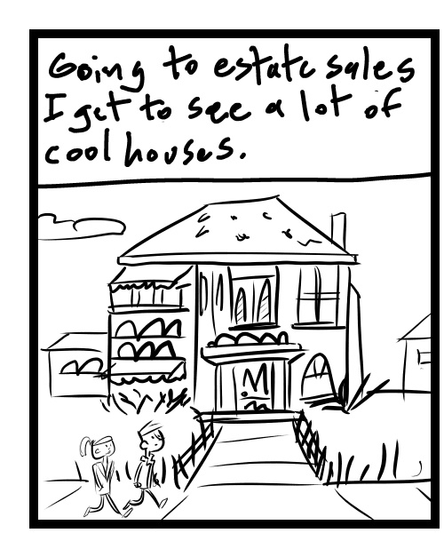 A four-panel comic about people at an estate sale in a cool looking old house - Panel 1