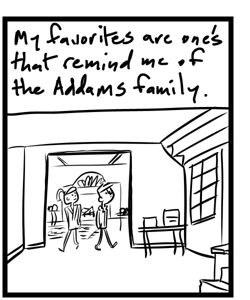 A four-panel comic about people at an estate sale in a cool looking old house - Panel 2