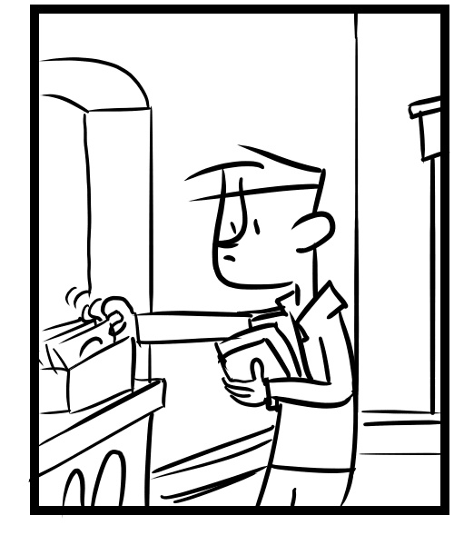 A four-panel comic about people at an estate sale in a cool looking old house - Panel 3
