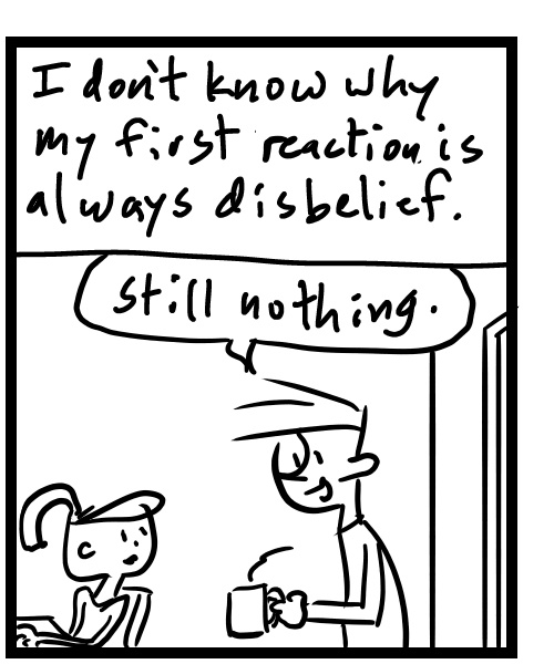 A four-panel comic about people waiting for a winter storm to hit - Panel 2