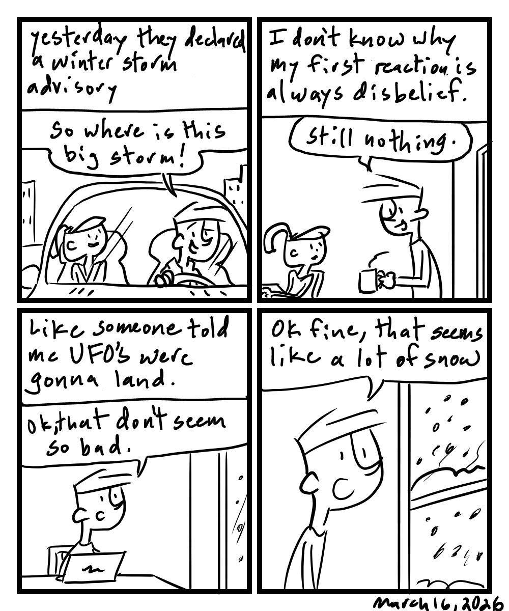 A four-panel comic about people waiting for a winter storm to hit