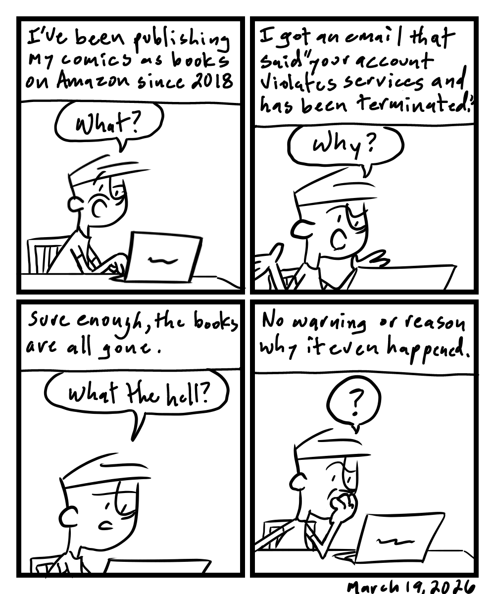 A four-panel comic about a person reading an email his account has been terminated