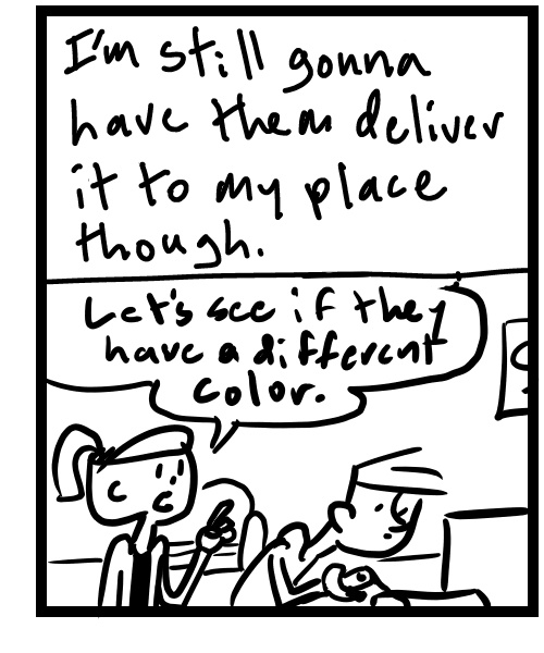A four-panel comic about people shopping for a couch - Panel 3