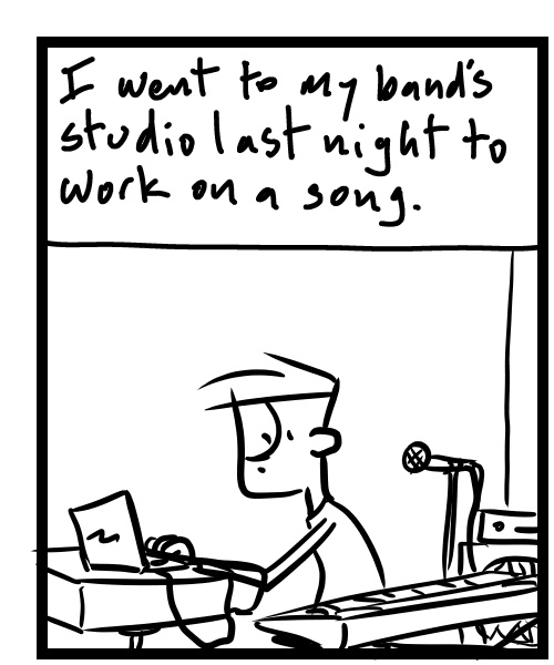 A four-panel comic about a person working on music in a studio with instruments - Panel 1