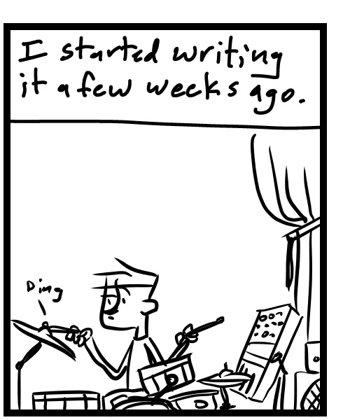 A four-panel comic about a person working on music in a studio with instruments - Panel 2