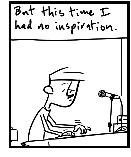 A four-panel comic about a person working on music in a studio with instruments - Panel 3