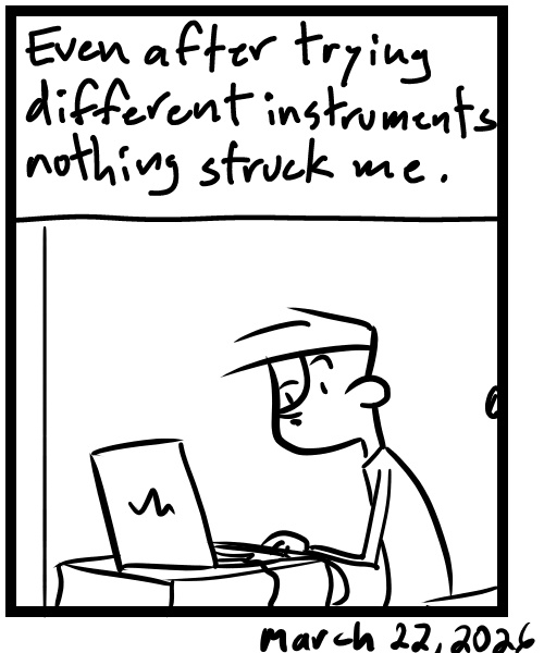 A four-panel comic about a person working on music in a studio with instruments - Panel 4
