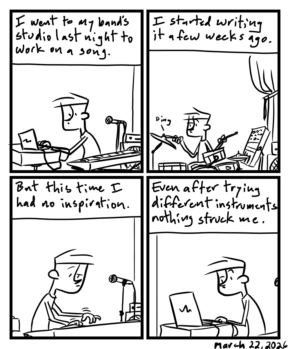 A four-panel comic about a person working on music in a studio with instruments