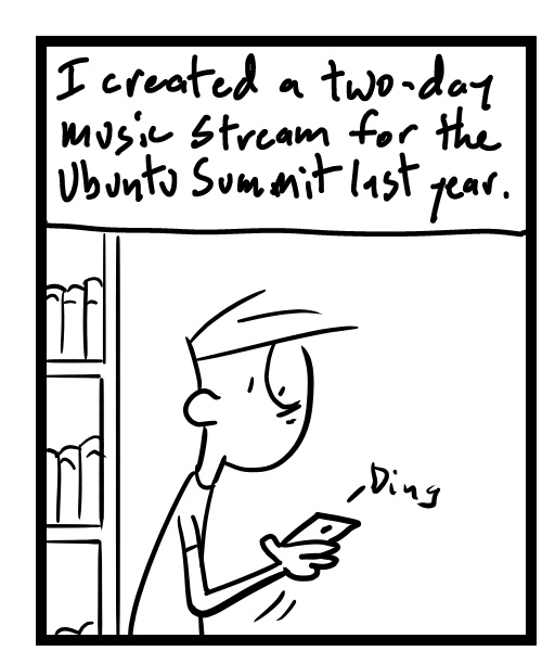 A four-panel comic about a person reading an email about running a music stream - Panel 1