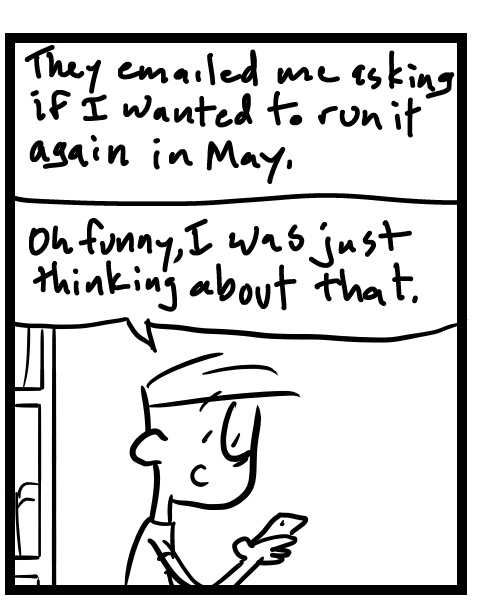 A four-panel comic about a person reading an email about running a music stream - Panel 2