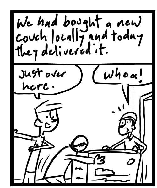 A four-panel comic about a person getting a couch delivery and talking to them about being a reseller - Panel 1