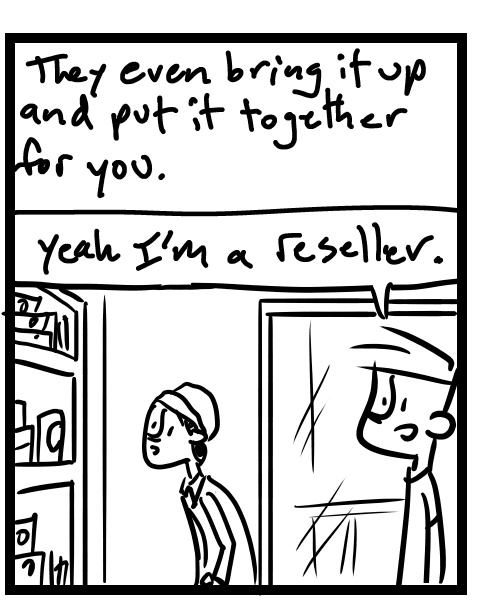 A four-panel comic about a person getting a couch delivery and talking to them about being a reseller - Panel 2
