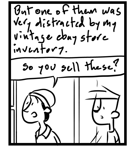 A four-panel comic about a person getting a couch delivery and talking to them about being a reseller - Panel 3