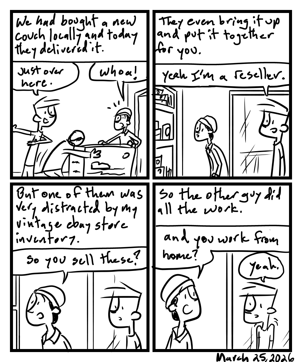 A four-panel comic about a person getting a couch delivery and talking to them about being a reseller