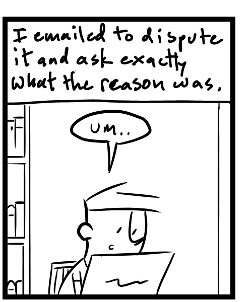 A four-panel comic about a person trying to understand an email about his KDP publishing account being terminated - Panel 2