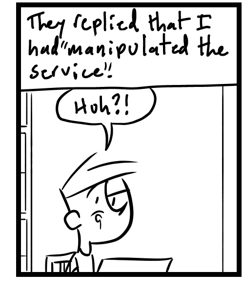 A four-panel comic about a person trying to understand an email about his KDP publishing account being terminated - Panel 3