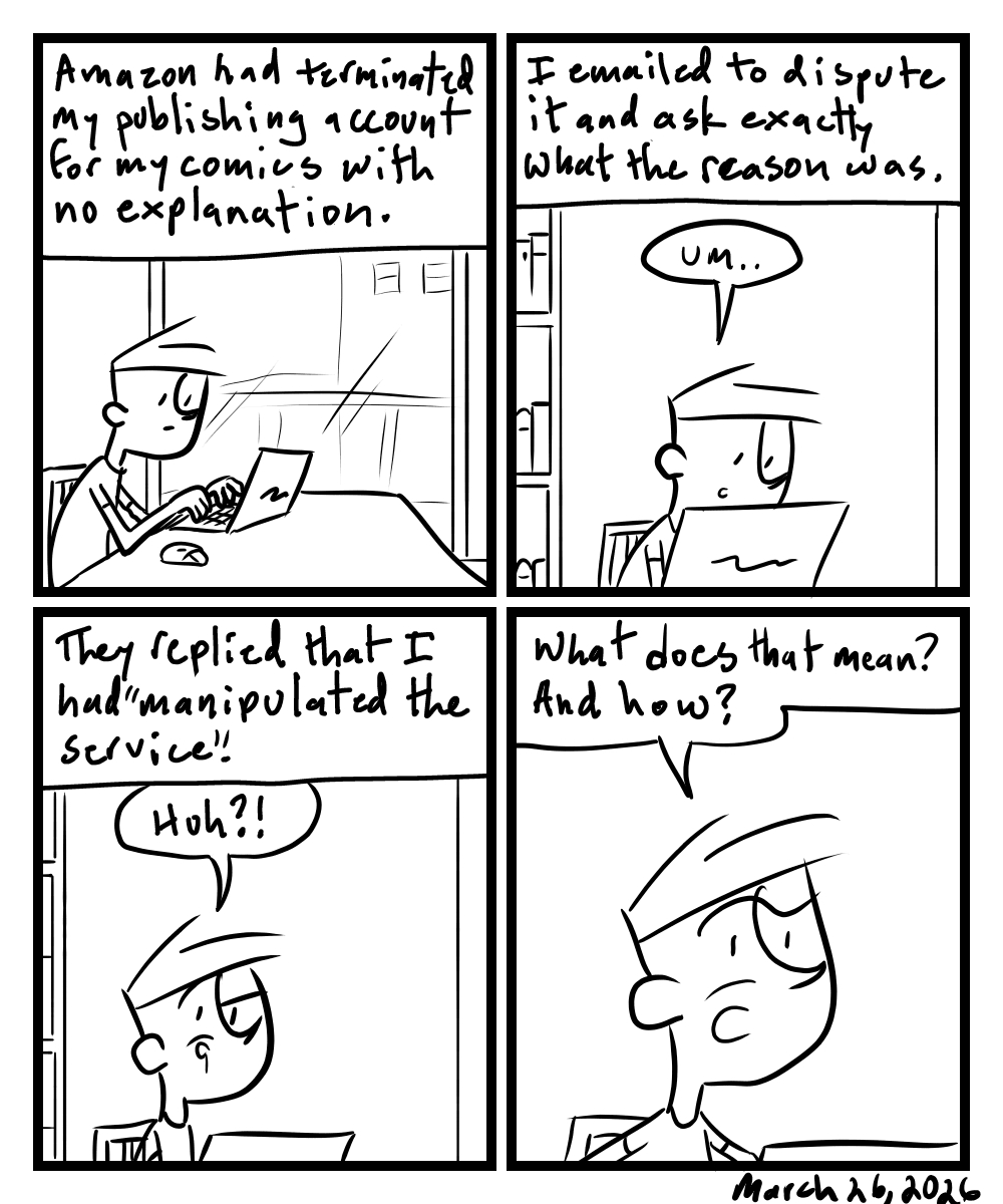 A four-panel comic about a person trying to understand an email about his KDP publishing account being terminated