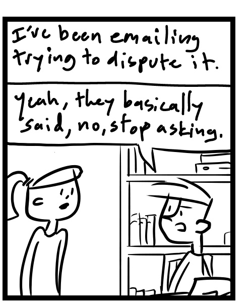 A four-panel comic about people discussing an email about his KDP publishing account being terminated - Panel 2