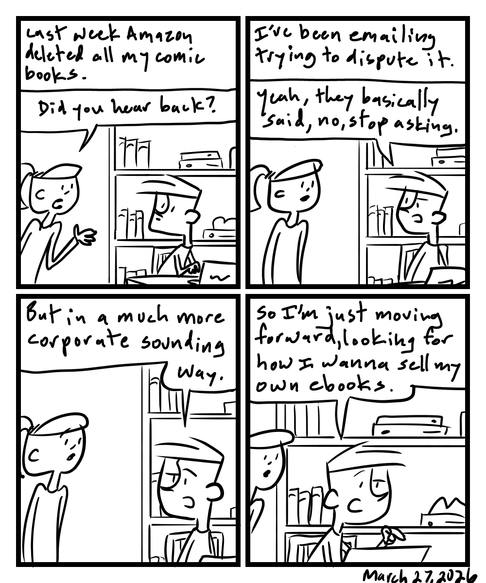 A four-panel comic about people discussing an email about his KDP publishing account being terminated
