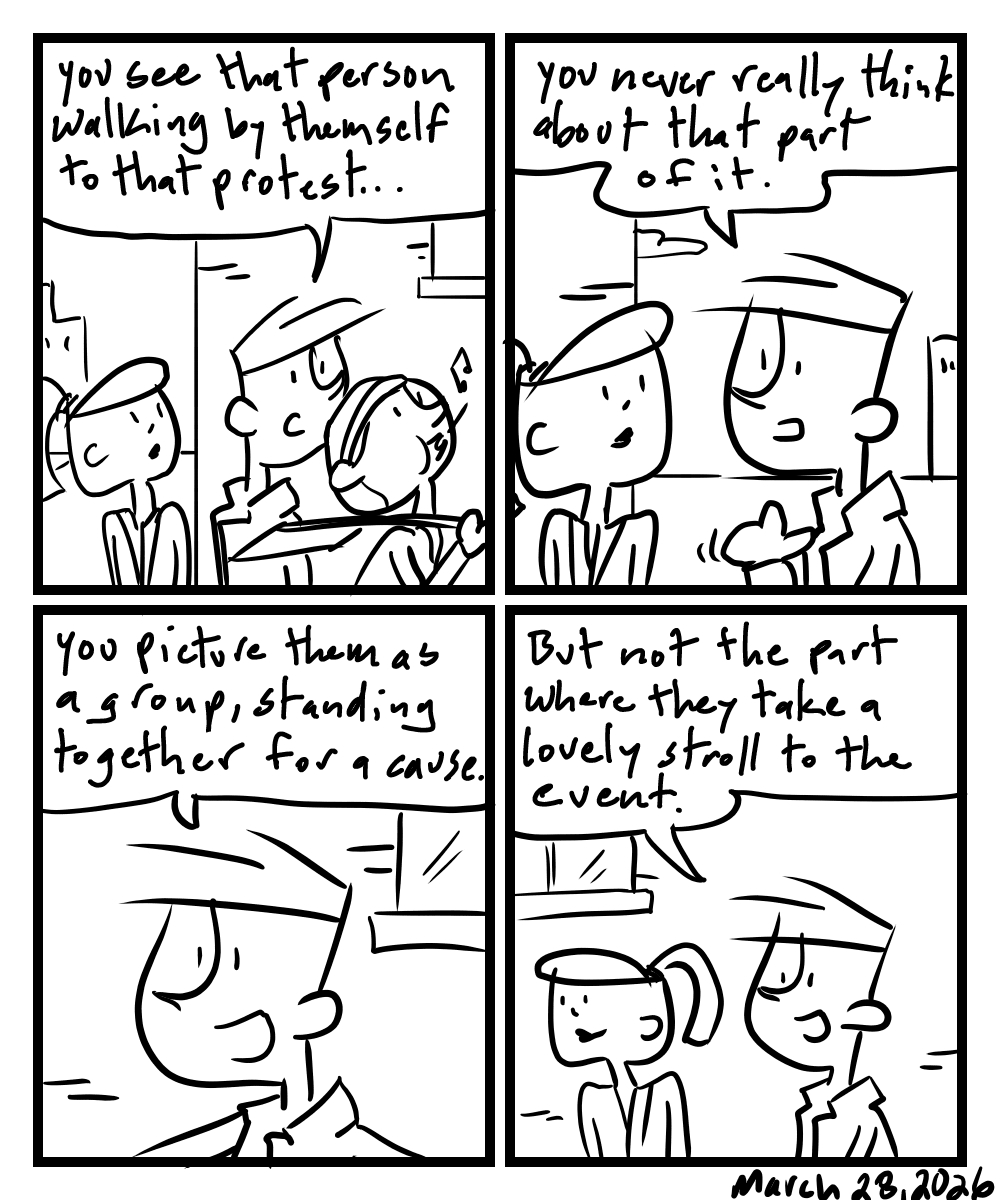 A four-panel comic about people noticing a person leisurely walking to a protest event