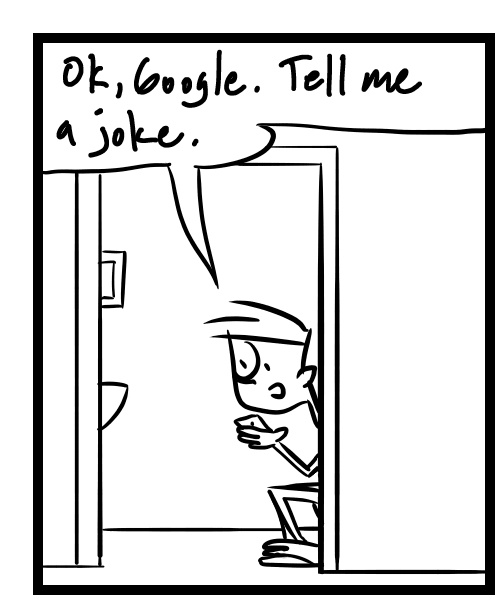 A four-panel comic about a person asking his phone to tell a joke - Panel 1