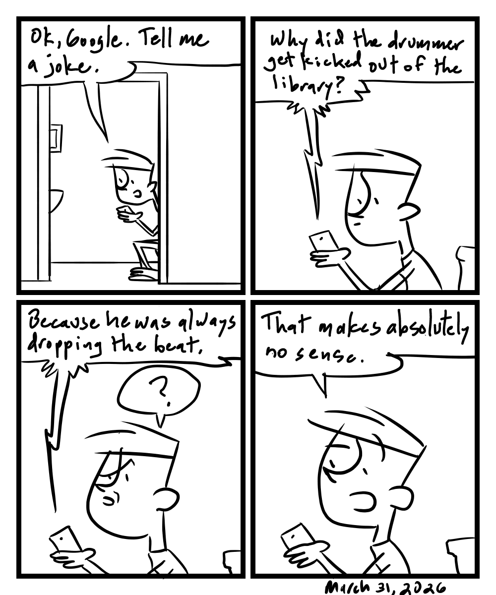 A four-panel comic about a person asking his phone to tell a joke