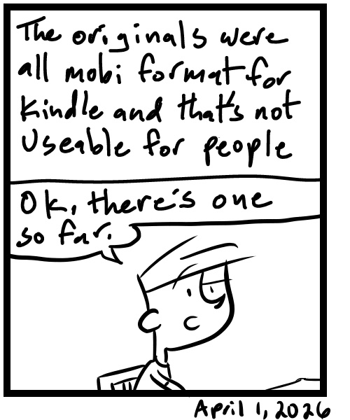 A four-panel comic about a person clicking over and over to create an ebook - Panel 4