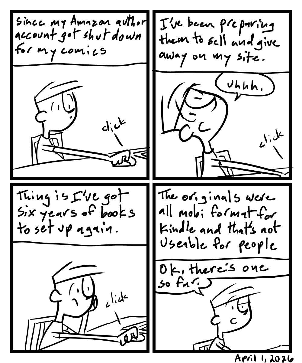 A four-panel comic about a person clicking over and over to create an ebook