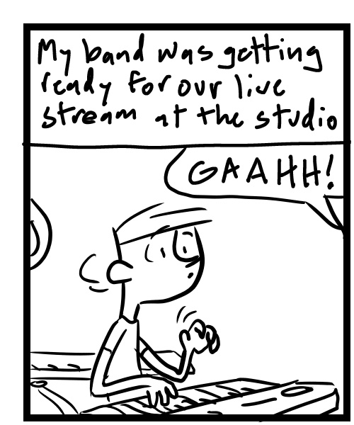 A four-panel comic about people at a band practice finding a bug sitting on their mic - Panel 1