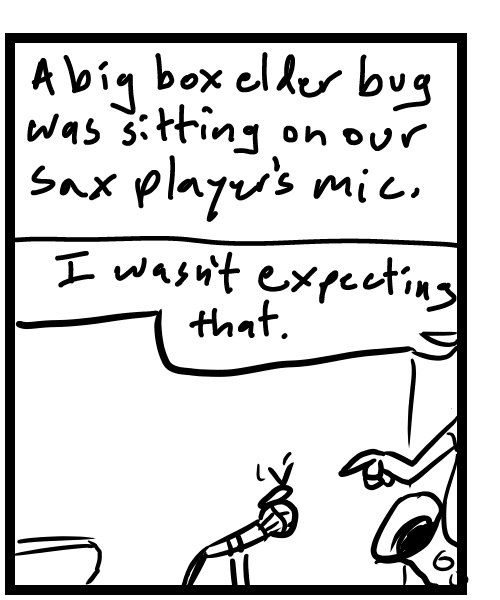 A four-panel comic about people at a band practice finding a bug sitting on their mic - Panel 2
