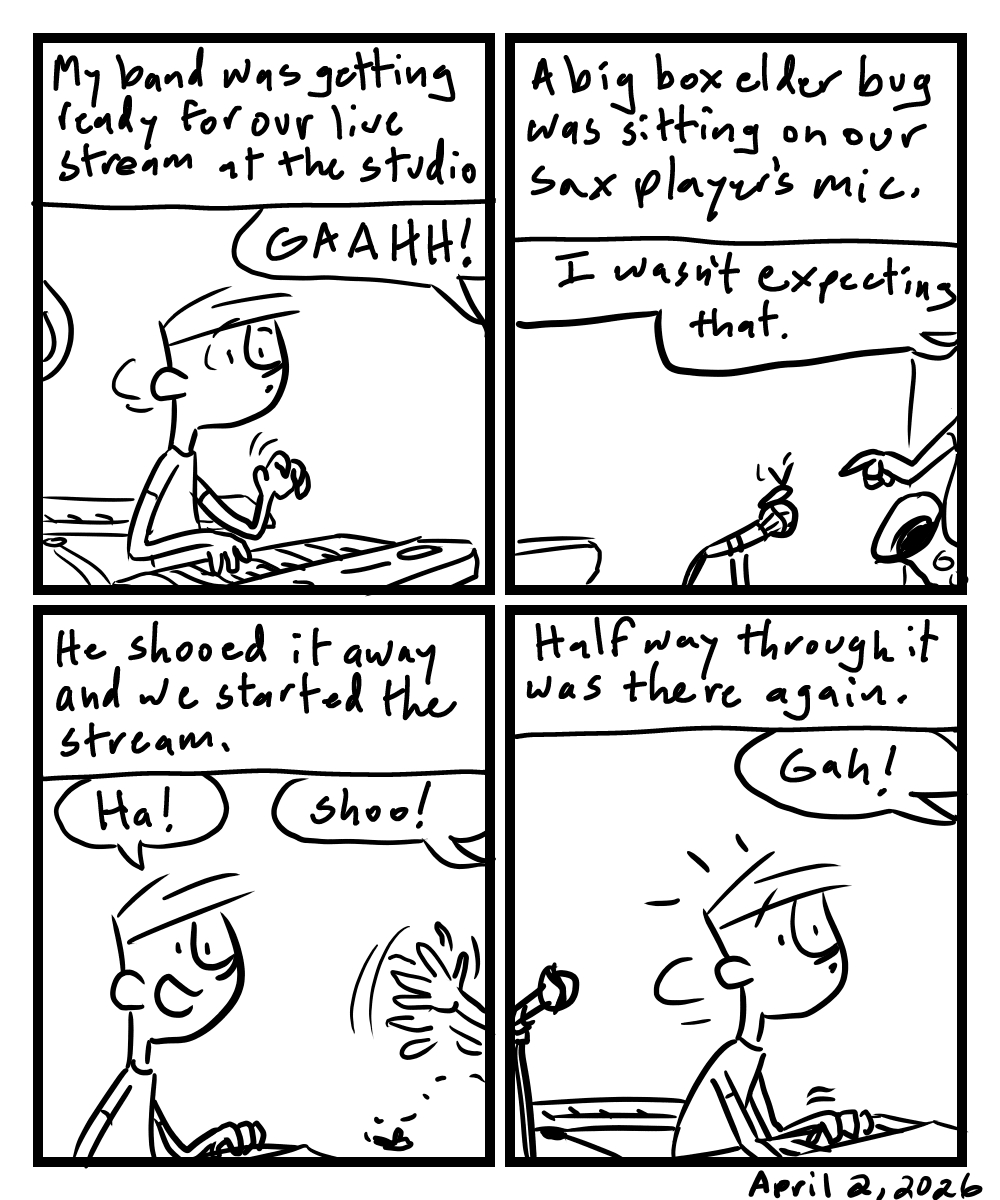 A four-panel comic about people at a band practice finding a bug sitting on their mic