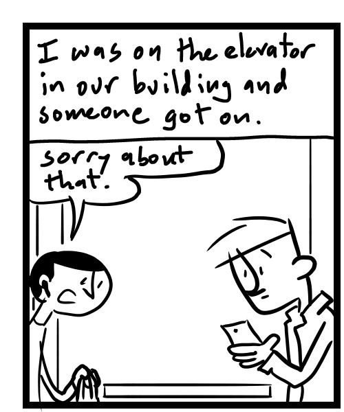 A four-panel comic about people talking on an elevator - Panel 1