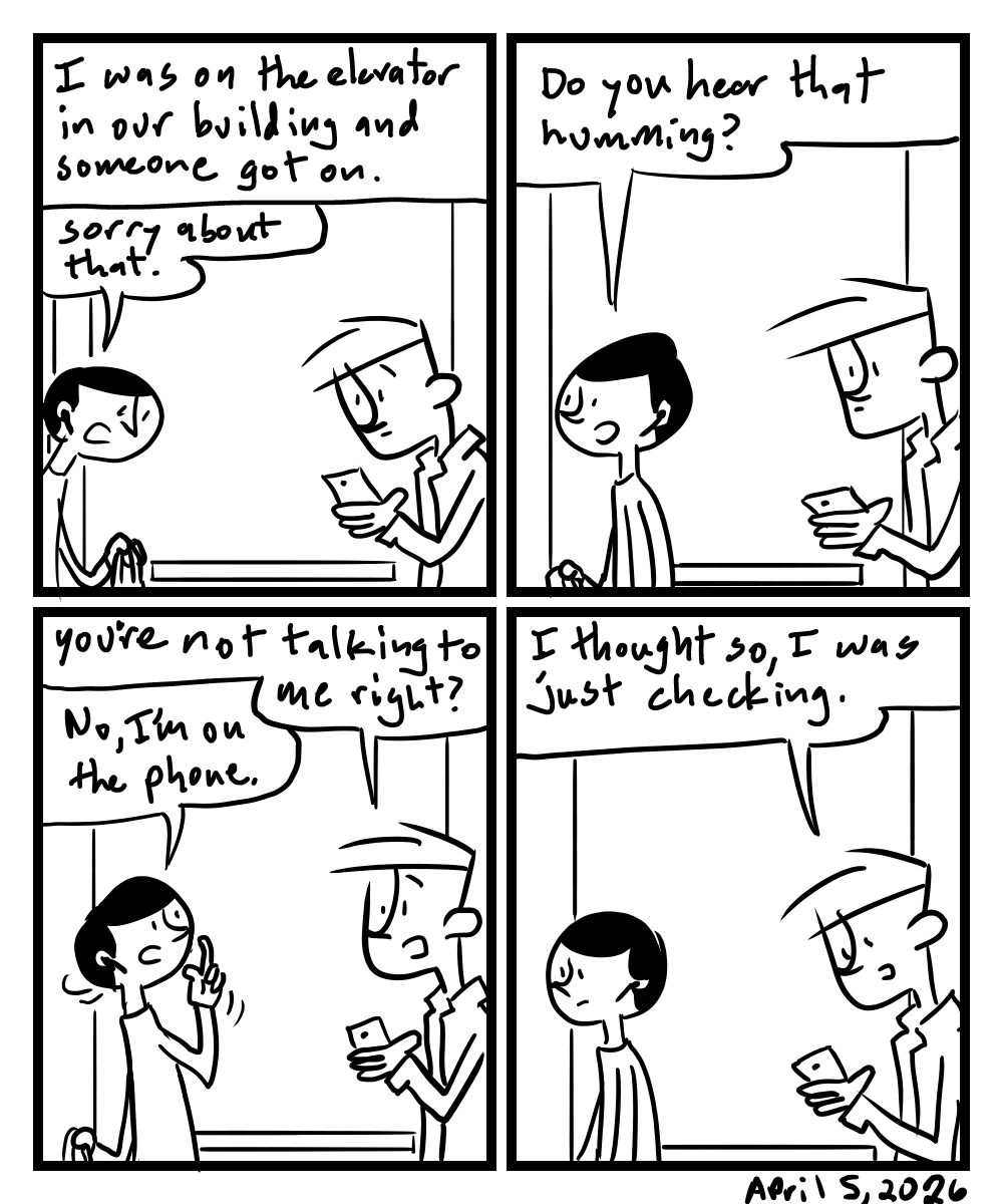 A four-panel comic about people talking on an elevator