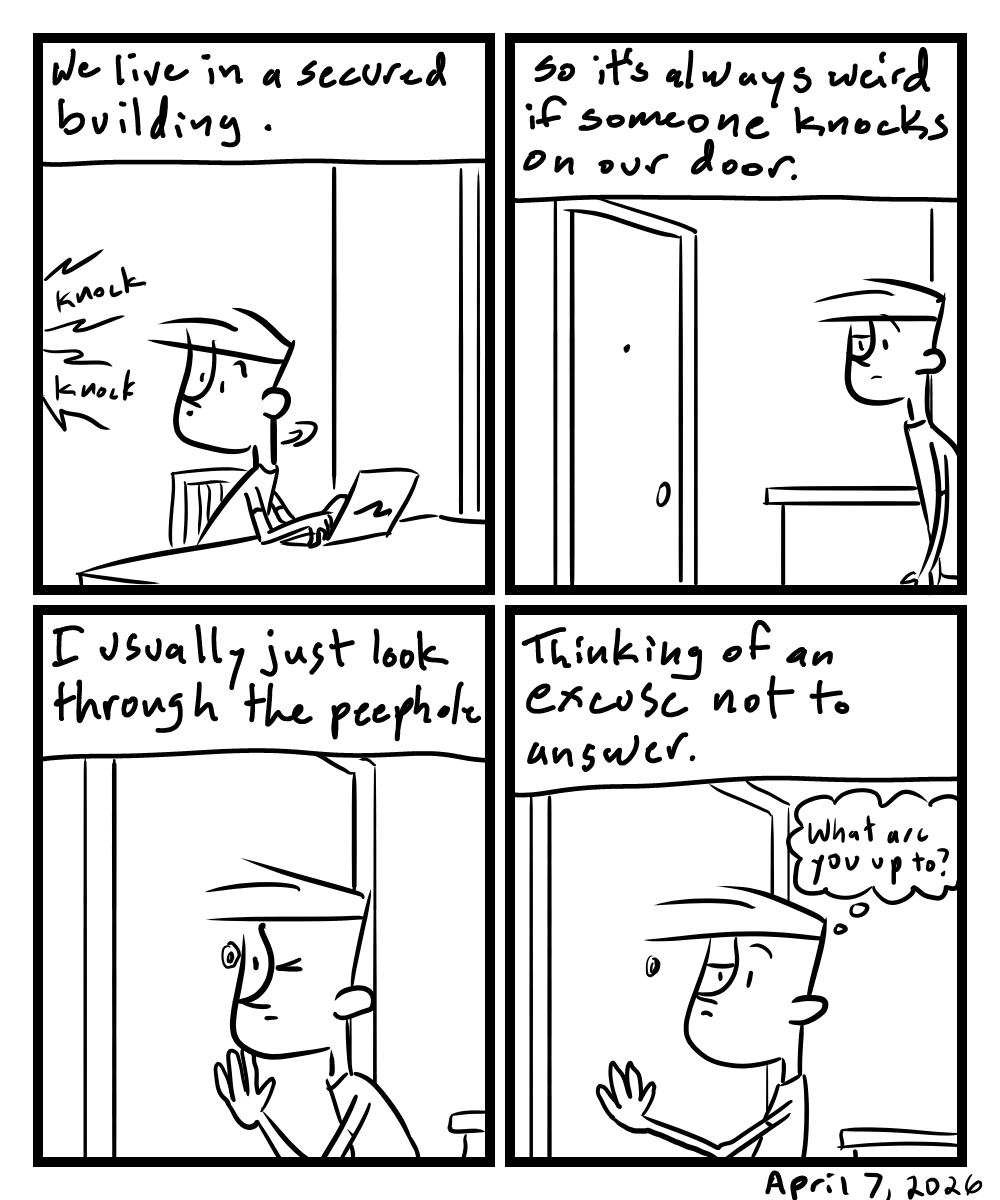 A four-panel comic about a person thinking if they should answer a knock at the door