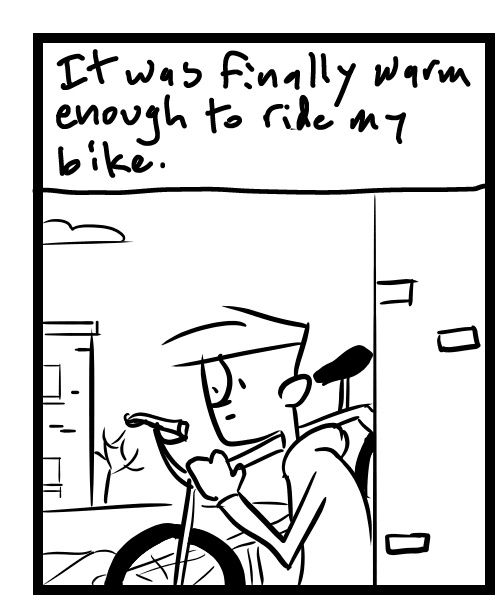 A four-panel comic about a person taking their bike to put air in the tires - Panel 1