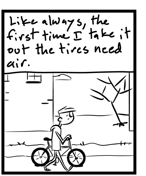 A four-panel comic about a person taking their bike to put air in the tires - Panel 2