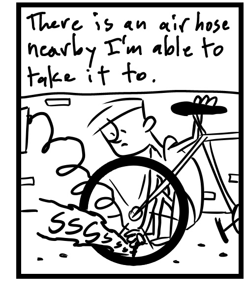 A four-panel comic about a person taking their bike to put air in the tires - Panel 3