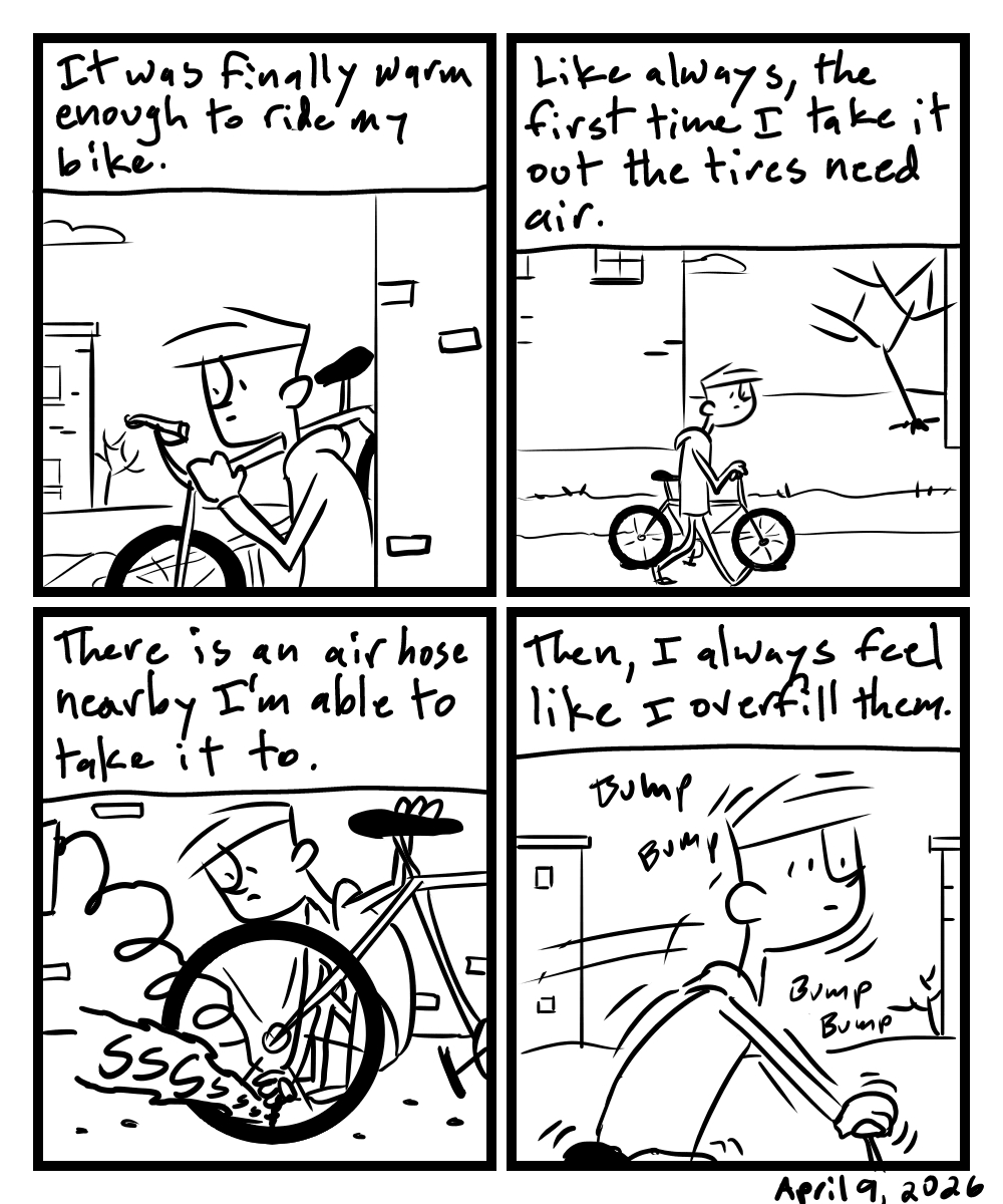A four-panel comic about a person taking their bike to put air in the tires