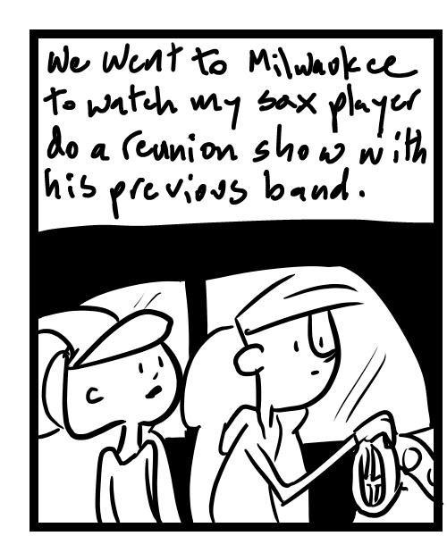 A four-panel comic about people going to a show in Milwaukee and doing things - Panel 1