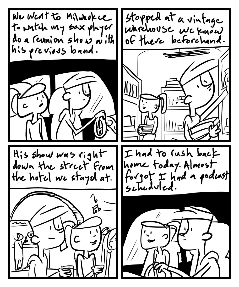 A four-panel comic about people going to a show in Milwaukee and doing things