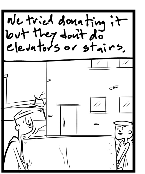 A four-panel comic about people moving a couch outside to leave it for ickup - Panel 2