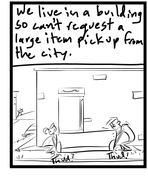 A four-panel comic about people moving a couch outside to leave it for ickup - Panel 3