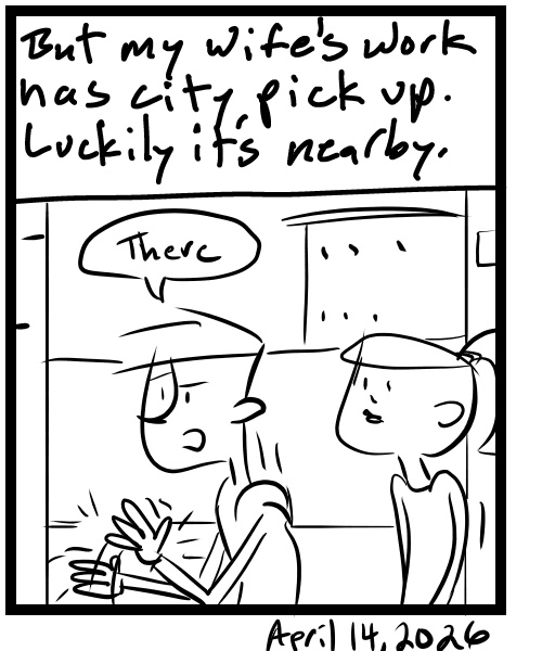 A four-panel comic about people moving a couch outside to leave it for ickup - Panel 4