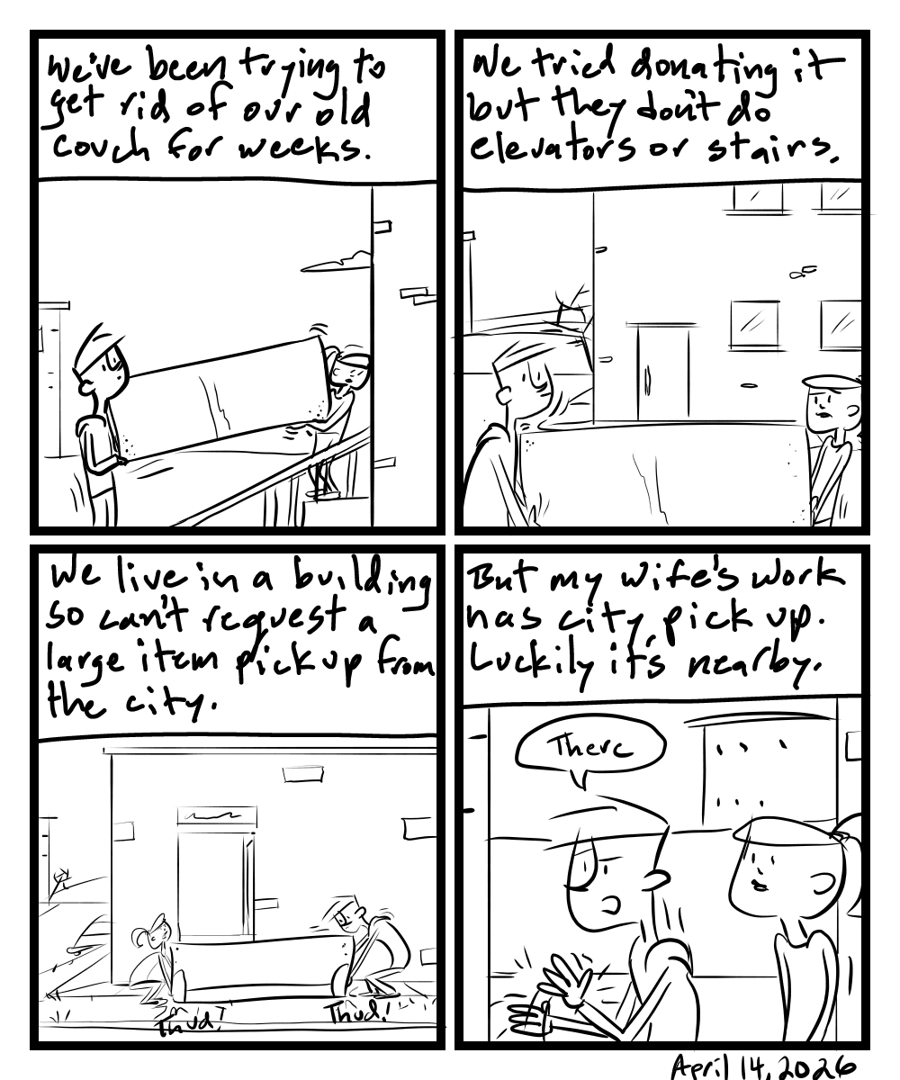 A four-panel comic about people moving a couch outside to leave it for ickup