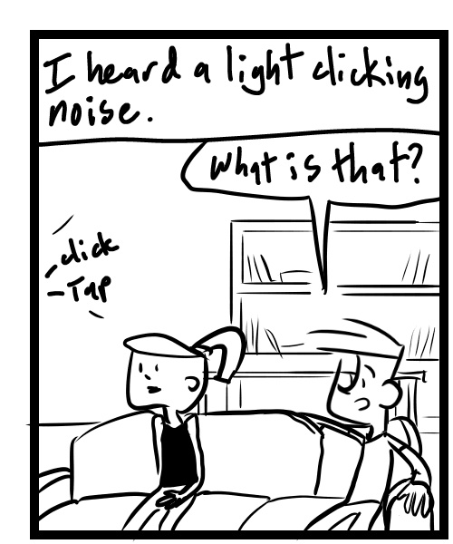 A four-panel comic about people tracking down a sound that seems to be comic from a comic book - Panel 1