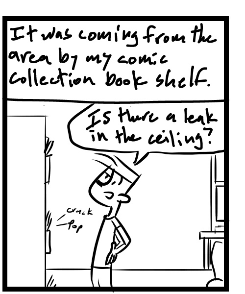 A four-panel comic about people tracking down a sound that seems to be comic from a comic book - Panel 2