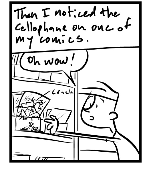 A four-panel comic about people tracking down a sound that seems to be comic from a comic book - Panel 3