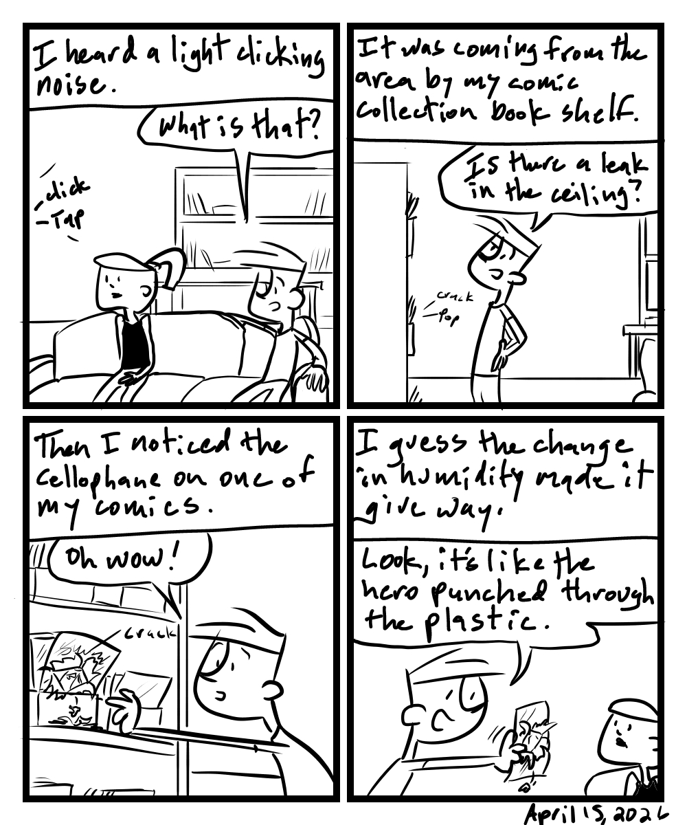 A four-panel comic about people tracking down a sound that seems to be comic from a comic book